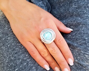 Statement Turquoise Ring For Woman, Silver Big Ring, Wrapped Ring, Solitaire Turquoise Ring, Silver Women Ring, Glass Turquoise Stone,