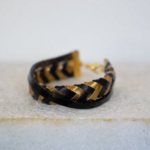 Black and gold leather bracelet, Braided Leather Bracelet, Women Statement Bracelet, Gold leather bracelet, Christmas gift. image 3