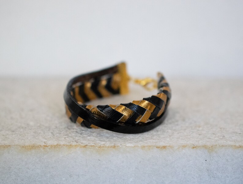 Black and gold leather bracelet, Braided Leather Bracelet, Women Statement Bracelet, Gold leather bracelet, Christmas gift. image 3