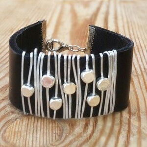 Wrapped women bracelet, Statement bracelet, Black leather bracelet, Silver beads bracelet, Leather band bracelet. image 5