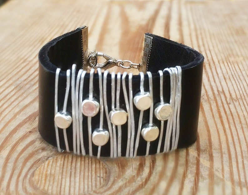 Wrapped women bracelet, Statement bracelet, Black leather bracelet, Silver beads bracelet, Leather band bracelet. image 5