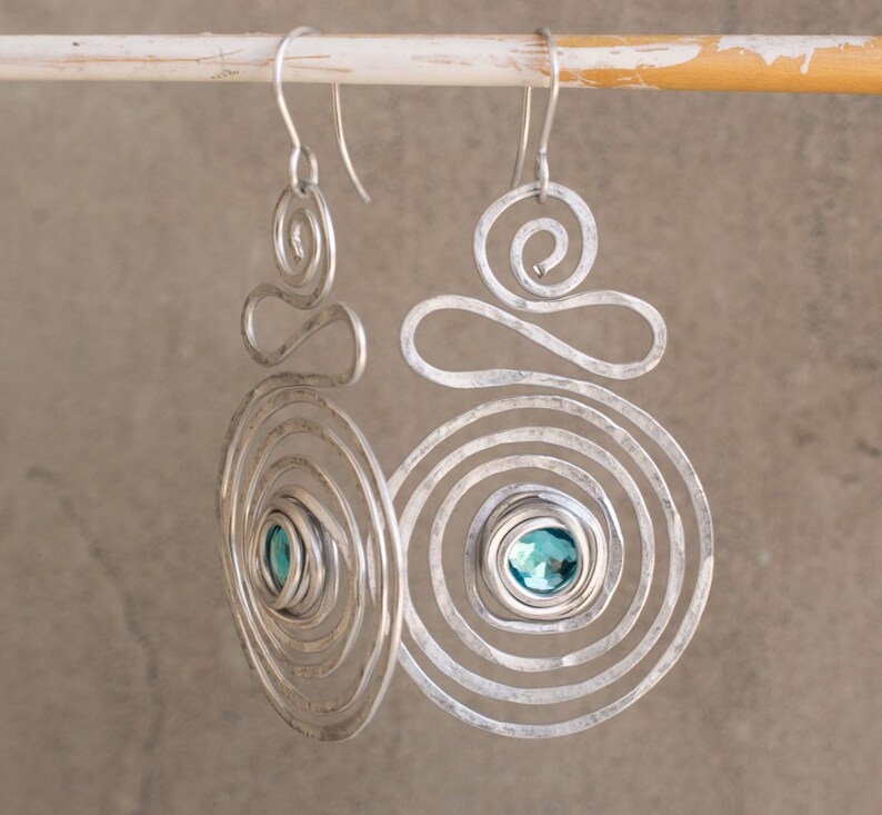 Dangle Beaded Earrings, Silver Spiral Large Earrings, Long Turquoise Bohemian Earrings, Wrap Dangle Earrings, Lightweight. image 4