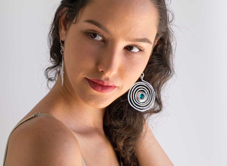 Long Bohemian Earrings Lightweight. Big Round Silver Spiral Dangle Earrings Hammered Dangle Earrings Large Earrings With Turquoise Beads