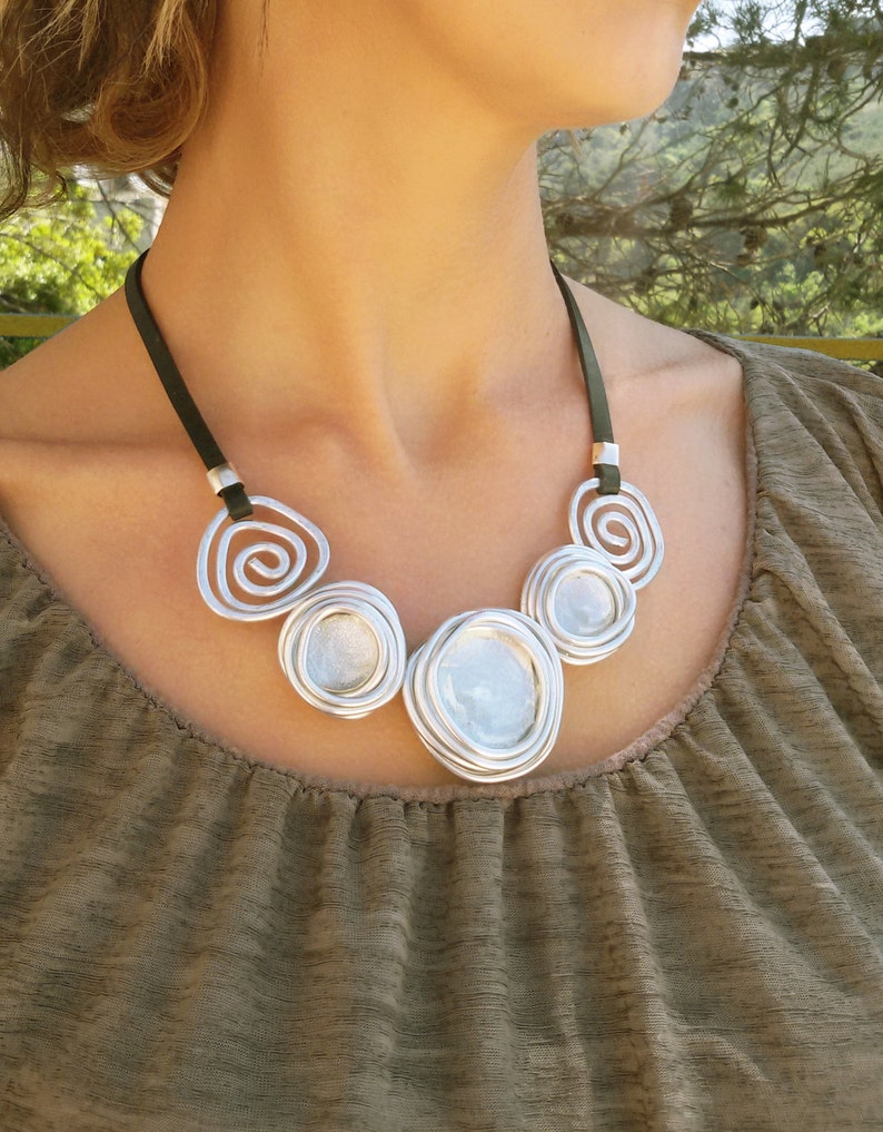 Silver Big Pendant Leather Necklace For Women Hammered Big Pendant Long Statement Necklace Wrap Pendant Necklace Charm necklace.