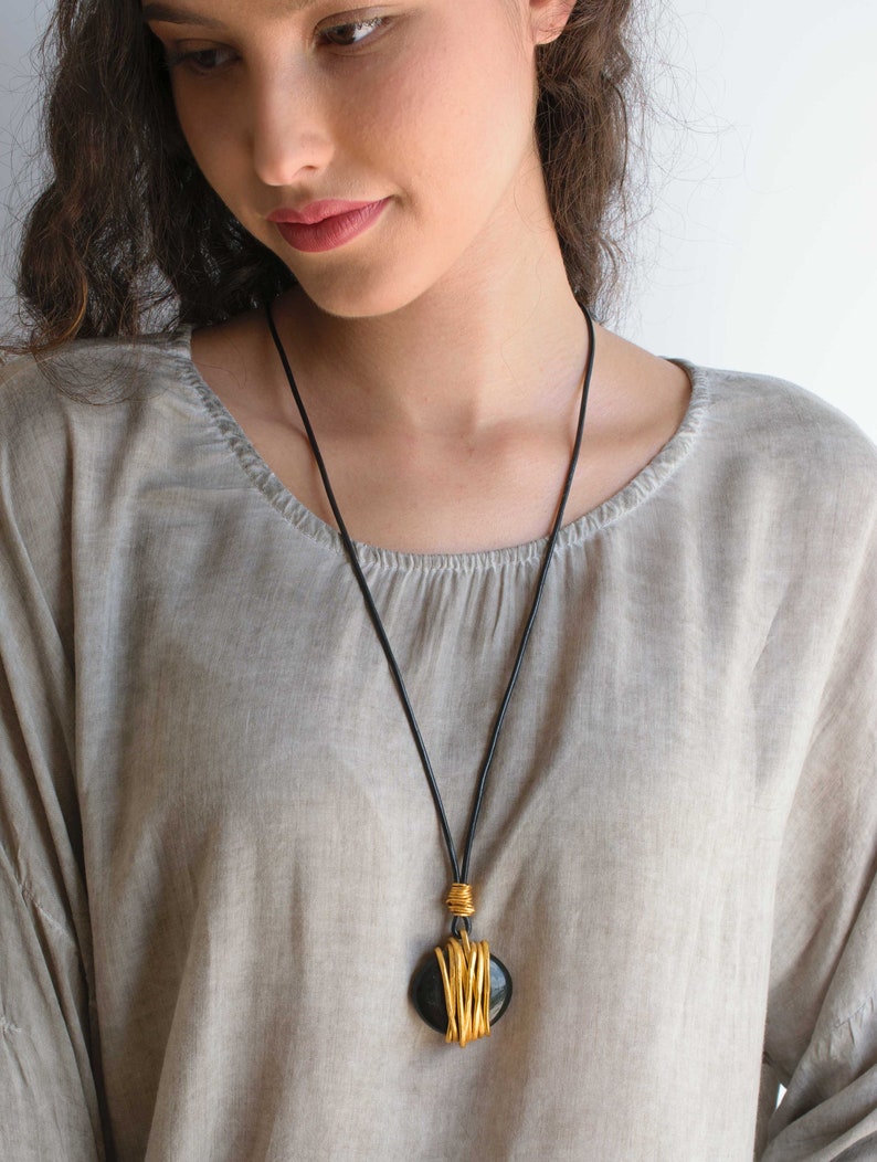 Long black necklace statement necklace leather necklace Etsy