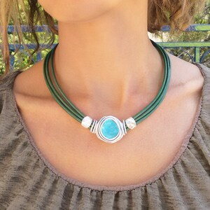 Turquoise Necklace, Leather Necklace, Choker Necklace, Green/turquoise Stone Necklace, Bridesmaid Necklace, Any Occasion Necklace, For gift. image 3