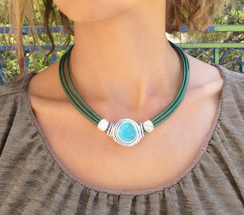 Turquoise Necklace, Leather Necklace, Choker Necklace, Green/turquoise Stone Necklace, Bridesmaid Necklace, Any Occasion Necklace, For gift. image 3