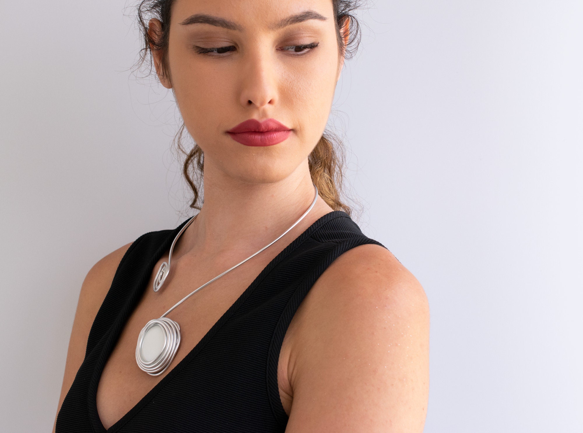 Pearl Stone Wedding Necklace Silver Minimalist Open Necklace Etsy