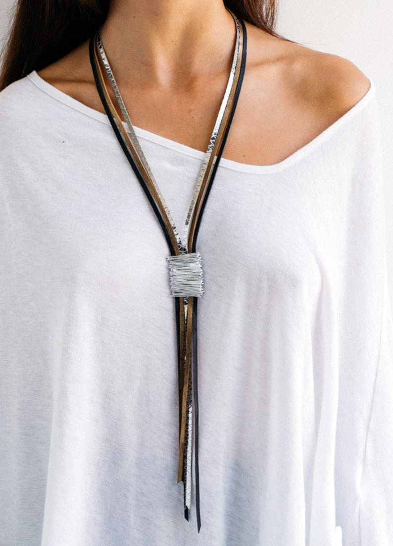 Statement Necklace Leather Necklace Long Necklace Wrapped Etsy