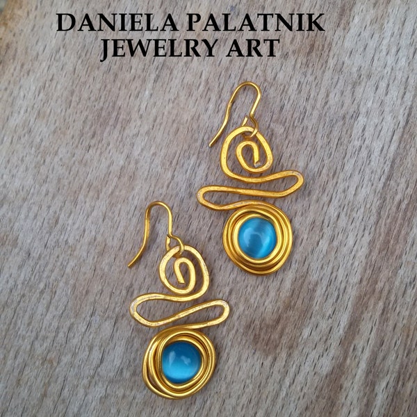 Gold Dangle Earrings, Turquoise Beads, Wrap Dangle  Earrings, Gold Boho Earrings, Turquoise Earrings, Waves Shape, Israel Handmade.
