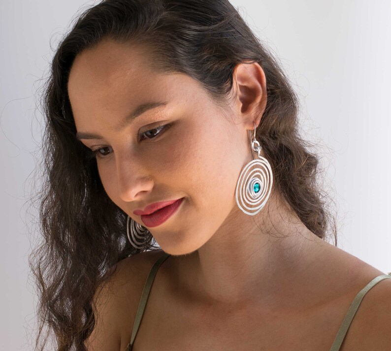 Long Bohemian Earrings Lightweight. Big Round Silver Spiral Dangle Earrings Hammered Dangle Earrings Large Earrings With Turquoise Beads