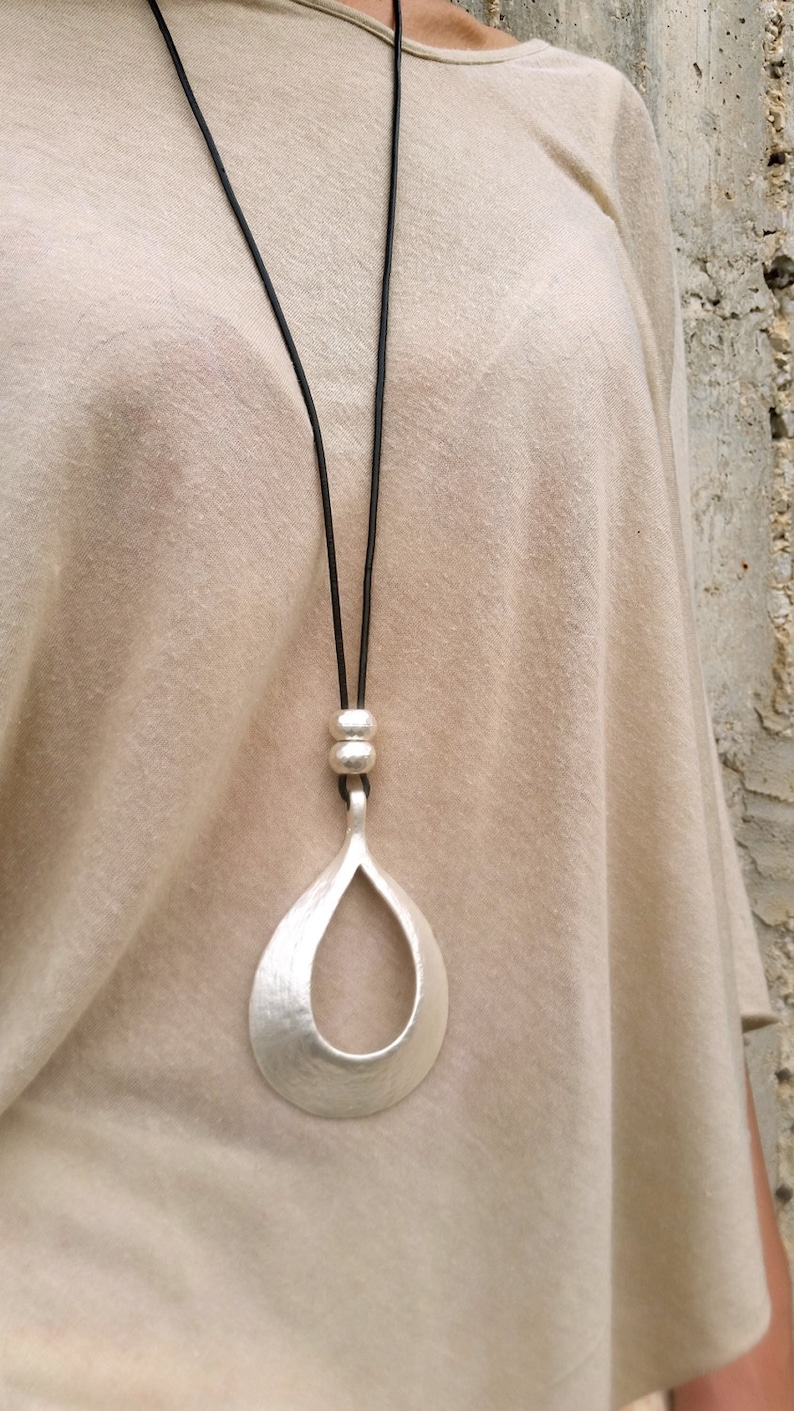 Long Pendant Necklace, Big Silver Pendant, Statement necklace, Large Necklace, Drop Shape Pendant, Classic Style, Fashion Long Necklace.. image 5