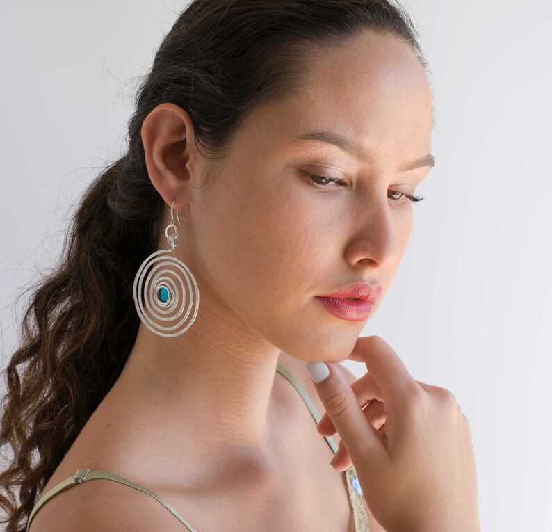 Long Bohemian Earrings Lightweight. Big Round Silver Spiral Dangle Earrings Hammered Dangle Earrings Large Earrings With Turquoise Beads