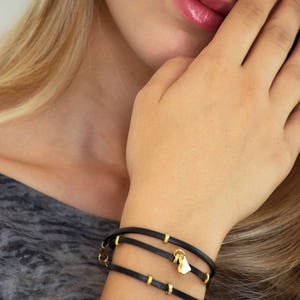 Triple Wrapped Leather Bracelet With Heart, Leather Women Bracelet, Gold Bracelet For Women, Metal Beaded Bracelet, Black Cuff Bangle. image 3