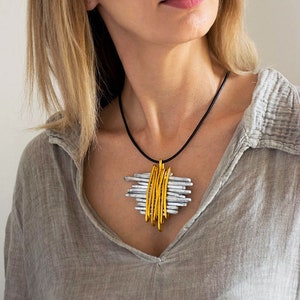 Silver And Gold Wrap Pendant Necklace, Leather Necklace For Women, Statement Pendant Necklace, Charm Choker Necklace.