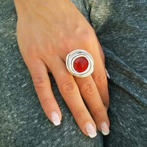 Silver ring, Red ring, Wrapped stone ring, Adjustable ring, Statement ring, Gift for her, Cocktail ring, Bridesmaid ring, Fashion ring. Red