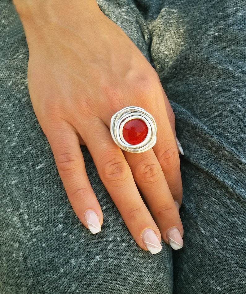 Silver ring, Red ring, Wrapped stone ring, Adjustable ring, Statement ring, Gift for her, Cocktail ring, Bridesmaid ring, Fashion ring. Red