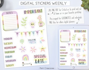 DIGITAL STICKERS WEEKLY, Watercolor pastel colors, Printable Stickers, Digital Stickers Goodnotes, Cricut, Clipart, Planner