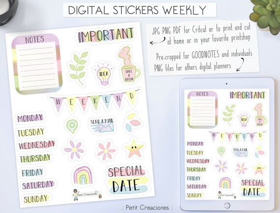 digital stickers weekly watercolor pastel colors printable stickers digital stickers goodnotes cricut clipart planner by petitcreaciones catch my party