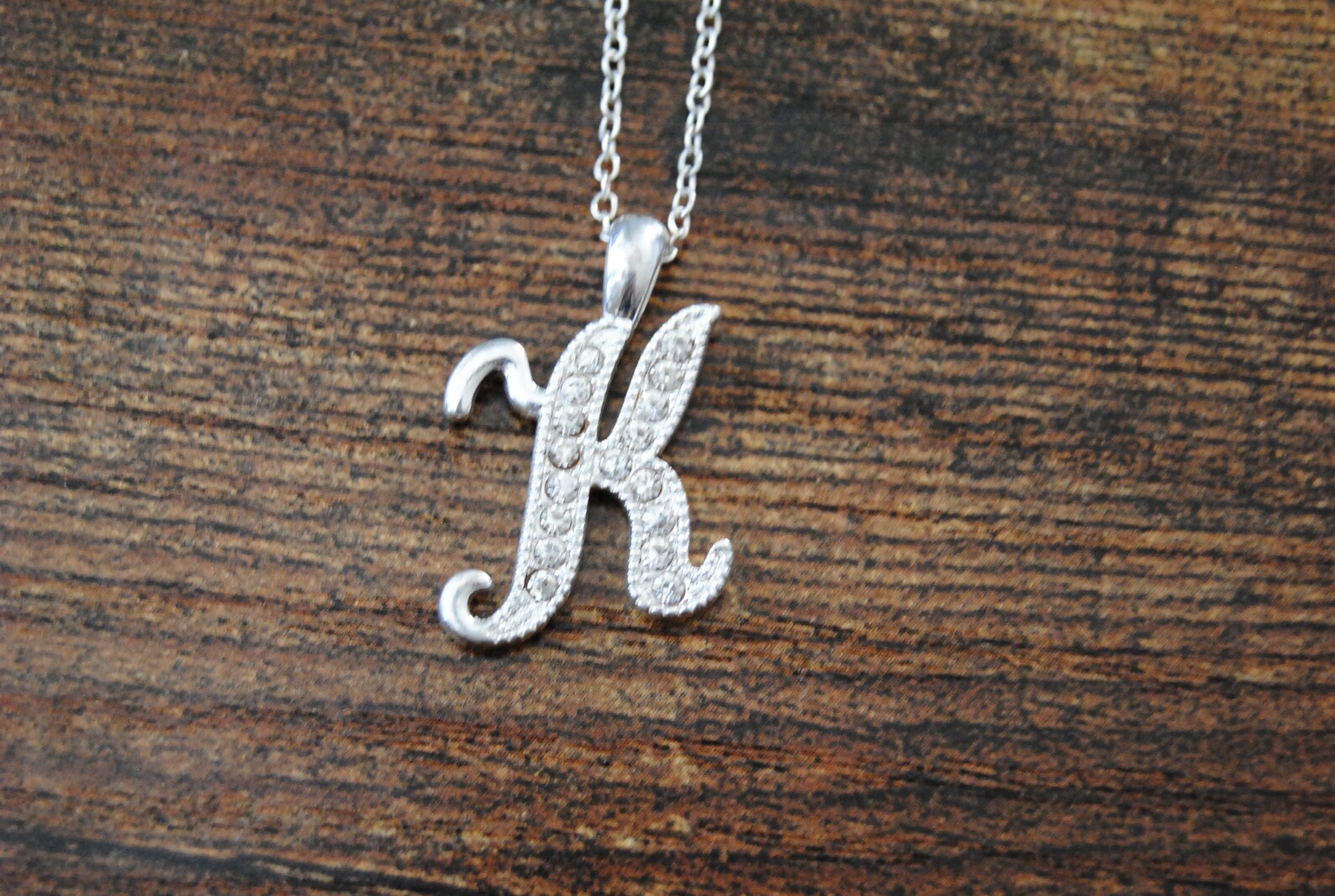 Rhinestone K Pendant Necklace Silver Name Necklace Initial Etsy