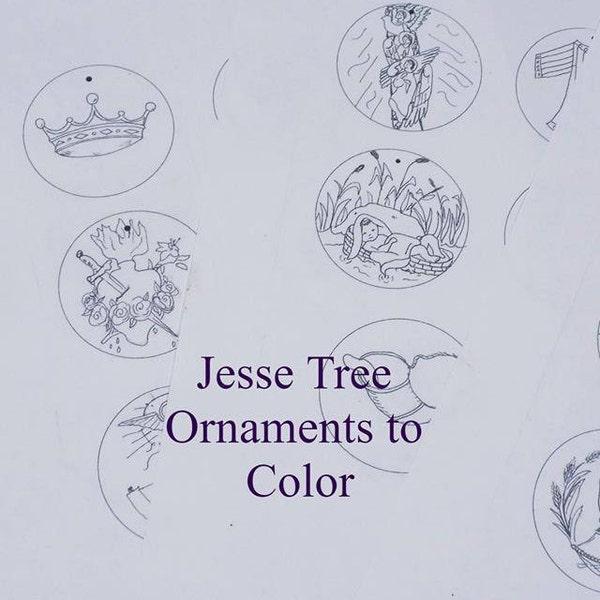 Jesse Tree Ornaments Instant Download Printable Advent ornaments download, Color and enjoy. Set of 24 paper ornaments on a PDF