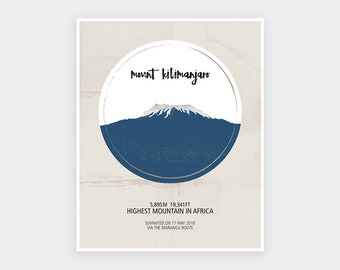 KILIMANJARO, Mountain Print, Roof of Africa, Personalisation Print, Adventure Poster, Mountain Climbing, African Wall Art Print