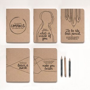 Any 3 Kraft Notebooks Lined or Blank plus 3 vintage-inspired pencils, Illustrated 'PENCIL FOR LIFE' A6 image 2