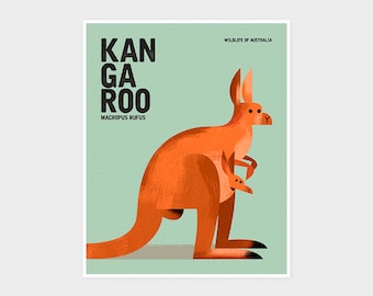 KANGAROO, Wildlife of Australia, Nursery Animal Wall Art Print, Kids Educational Poster Print, Retro Vintage Minimalist Animal Illustration