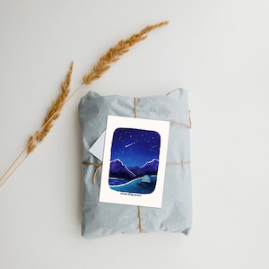 Cartão de aventura de acampamento, cartão de descoberta de sonhos, estrela cadente, cartão de arte da natureza ao ar livre, cartão de felicitações de montanha, cartão em branco A6