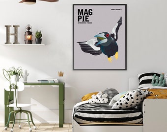 MAGPIE Birds of Australia, Educational Poster, Australian Birds, Boys Room Print, Quirky Nursery Birds, Australiana, Australian Birdlife Art