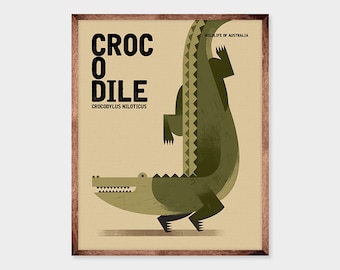 CROCODILE, Wildlife of Australia, Nursery Animal Wall Art Print, Educational Kids Poster Print, Kids Room Australian Native Animals