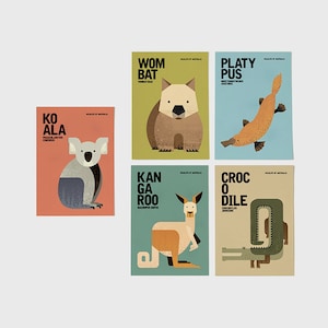 AUSTRALIAN WILDLIFE Notecards, Kangaroo, Koala, Wombat, Platypus, Crocodile Greeting Cards, Animal Illustrations Postcards, Set of 5 Cards