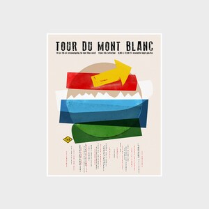 Tour du Mont Blanc TMB, affiche d&#39;aventure de randonnée, impression d&#39;art de trekking, art mural France, Italie, Suisse, affiche d&#39;impression graphique Mid-Century