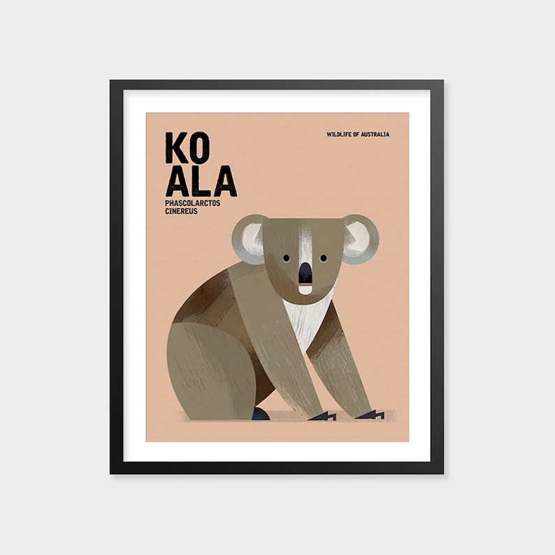 K&ouml;nnte beinhalten: Gerahmter Kunstdruck mit einer stilisierten Illustration eines Koalas. Der Koala ist in Braun- und Graut&ouml;nen vor einem pfirsichfarbenen Hintergrund dargestellt. Das Wort "KOALA" ist in fetten schwarzen Buchstaben gedruckt, darunter der wissenschaftliche Name.