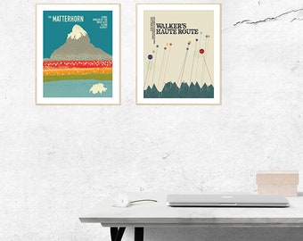MATTERHORN ZERMATT, Walkers Haute Route, Switzerland Mountain Art Print, Adventure Poster, Hiking Print, Mid-Century, Set of Two 8x10 Prints