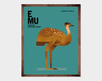EMU, Australian Animal, Nursery Art Print, Educational Kids Poster Print, Kids Room Decor, Australian Bird, Wildlife, Retro Animal Poster