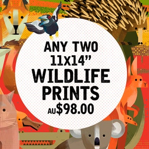 AUSTRALIAN ANIMALS and BIRDS, Endangered Animals, Australian Nursery Prints, Animal Illustrations, Kids Poster, Any 2 (11" x 14") Prints