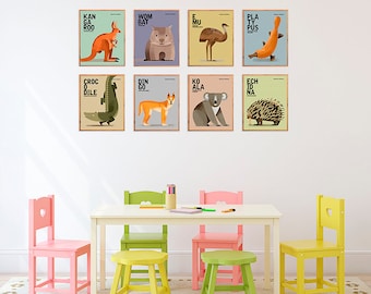 AUSTRALIAN WILDLIFE Gender Neutral Nursery Prints, Set of 8 Animal Prints, Kids Educational Prints, Quirky Australian Animal Illustrations