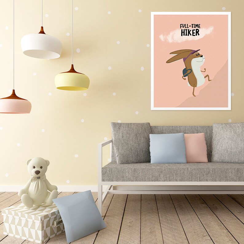 RABBIT Hiking Art, Bunny Nursery Art Print, Quirky Easter Bunny, Kids Room Decor, Kids Adventure Poster, Personalised Hiker Poster, Hare Art image 4