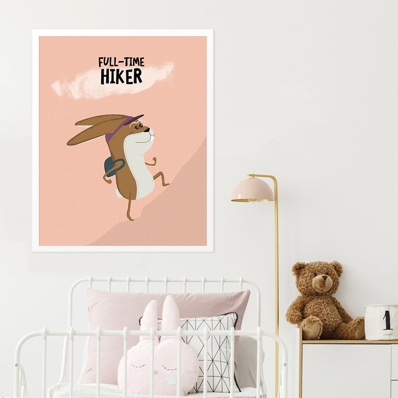 RABBIT Hiking Art, Bunny Nursery Art Print, Quirky Easter Bunny, Kids Room Decor, Kids Adventure Poster, Personalised Hiker Poster, Hare Art image 2