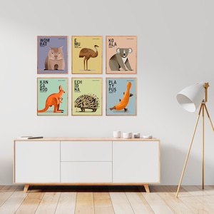 AUSTRALIAN WILDLIFE Gender Neutral Nursery Prints, Set of 6 Animal Prints, Kids Educational Prints, Quirky Australian Animal Illustrations image 1