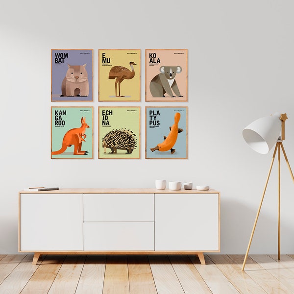 AUSTRALIAN WILDLIFE Gender Neutral Nursery Prints, Set of 6 Animal Prints, Kids Educational Prints, Quirky Australian Animal Illustrations