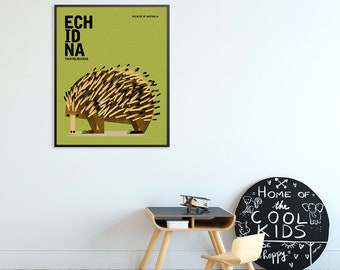 ECHIDNA, Australian Animals, Nursery Art Print, Educational Poster Print, Wildlife Australia Poster, Retro Vintage Minimalist Illustration