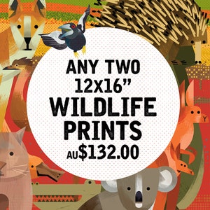 Any 2 (12" x 16") Australian Animals, Australian Birds, Endangered Animals Nursery Prints, Animal Illustrations, Kids Poster, Set of two