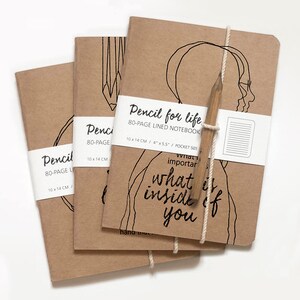 Any 3 Kraft Notebooks Lined or Blank plus 3 vintage-inspired pencils, Illustrated 'PENCIL FOR LIFE' A6 image 4