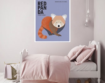 RED PANDA, Endangered Animal Print, Retro Nursery Art, Gender Neutral Poster, Kids Room Decor, Himalayas Mountain Animal, Asian Wildlife Art