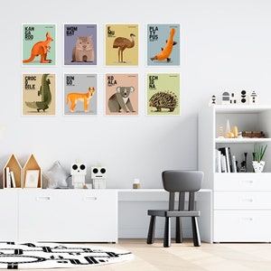 AUSTRALISCHE TIERE Poster, Kinderzimmer Poster, 8er Set Animal Prints, Lerndrucke, Australische Wildtiere