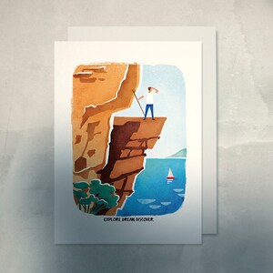 Tarjeta de EXPLORACIÓN AVENTURERA, tarjeta de senderismo al aire libre, tarjeta en blanco A6 de aventura en un acantilado de montaña, tarjeta de felicitación con los mejores deseos, tarjeta de expedición en solitario