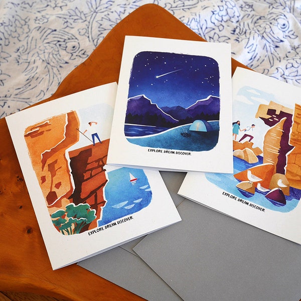 ADVENTURE Great Outdoors Card Set, Explore Dream Discover A6 Card, Shooting Star Art, Mountain Hiking Card, Inspirational Card, Travel Card