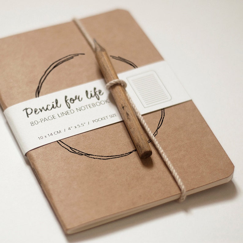 Illustrated Kraft Notebook Lined or Blank plus vintage-inspired pencil, 'PENCIL FOR LIFE' A6 image 4